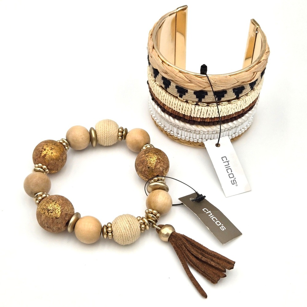 Chico's Global Textures Cuff & Amelia Stretch Tassel Bracelet Set NWT Gold Wood
